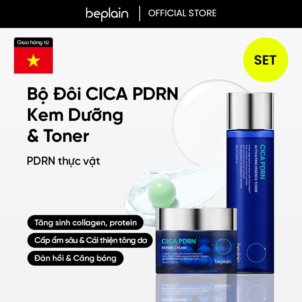 Kem dưỡng BEPLAIN PDRN Rau Má đàn hồi & trẻ hóa làn da, cấp ẩm & căng bóng Cica PDRN 50ml & Toner 155ml