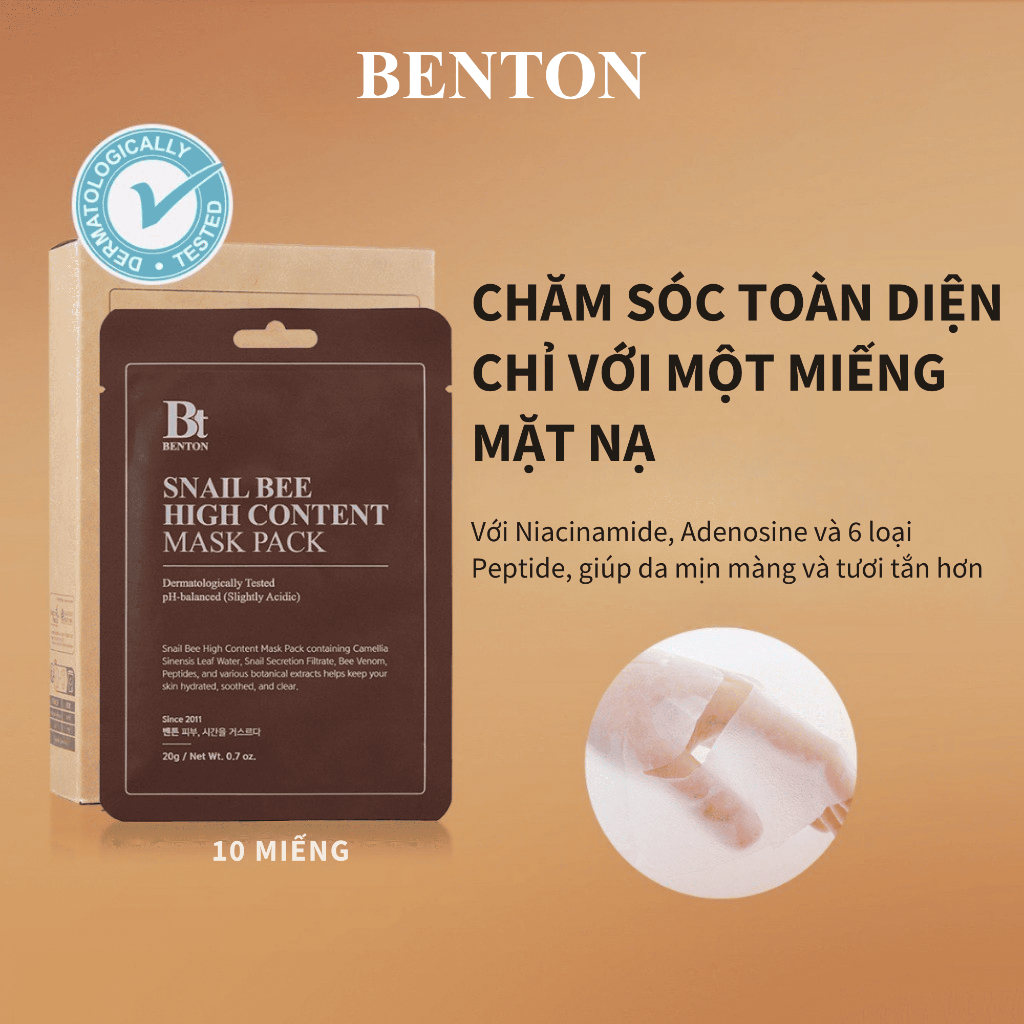 [Benton Official] Mặt Nạ Giấy Snail Bee High Content – Làm dịu da, hỗ trợ chăm sóc da dễ nổi mụn, làm sáng da, phục hồi hàng rào bảo vệ da, cấp ẩm cho da nhạy cảm