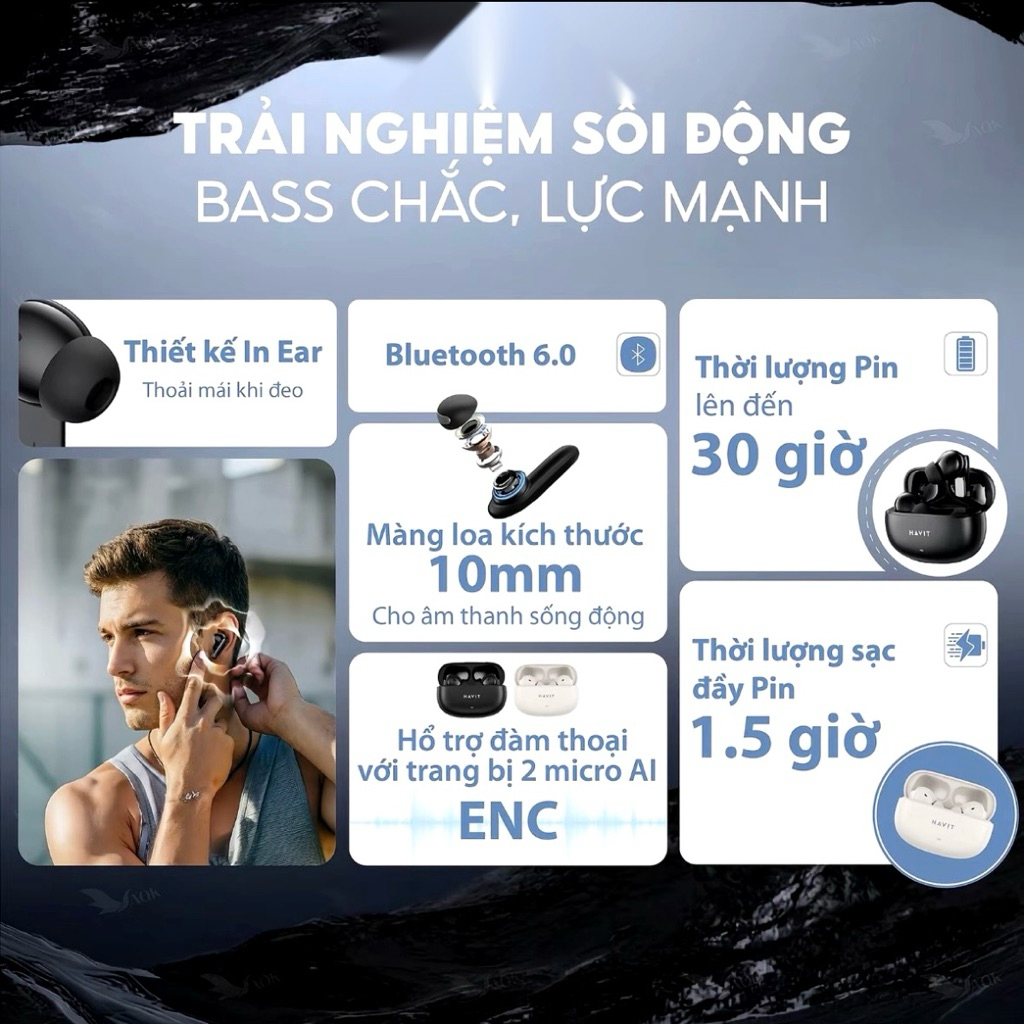 [Mới 100% - Full Box] Tai Nghe Bluetooth HAVIT TW907 SE – Âm Thanh Stereo, Mic Đàm Thoại, Cảm Ứng, Hộp Sạc Gọn Nhẹ