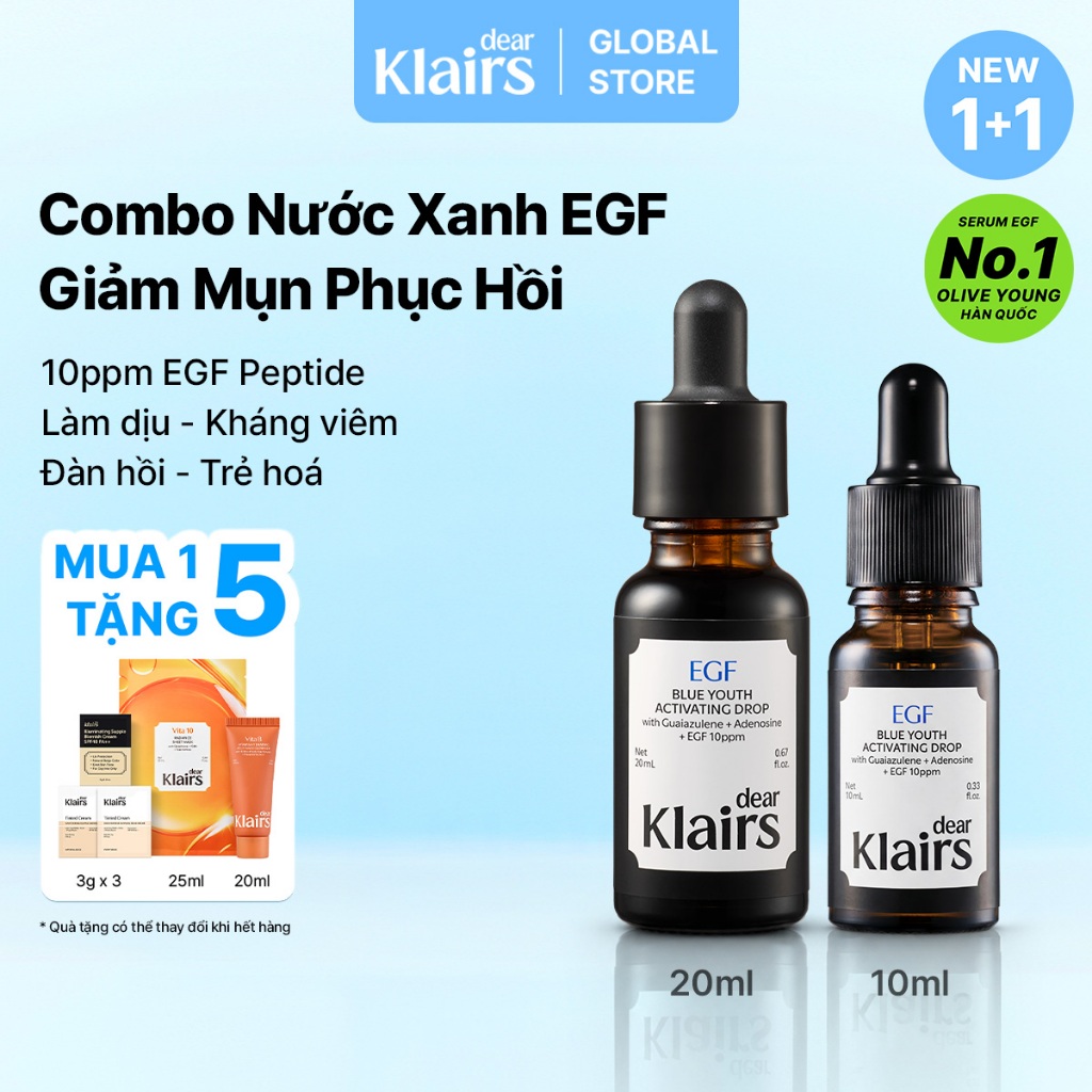 Tinh Chất Xanh Dear Klairs EGF Blue Youth Activating Peptide Và Guaiazulene 20ml Kèm 10ml Phục Hồi