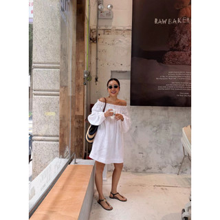 𝘼𝙍𝙀𝙊 𝘿𝙍𝙀𝙎𝙎 - Đầm Linen TƯNG PRE Bẹt Vai Tay Dài