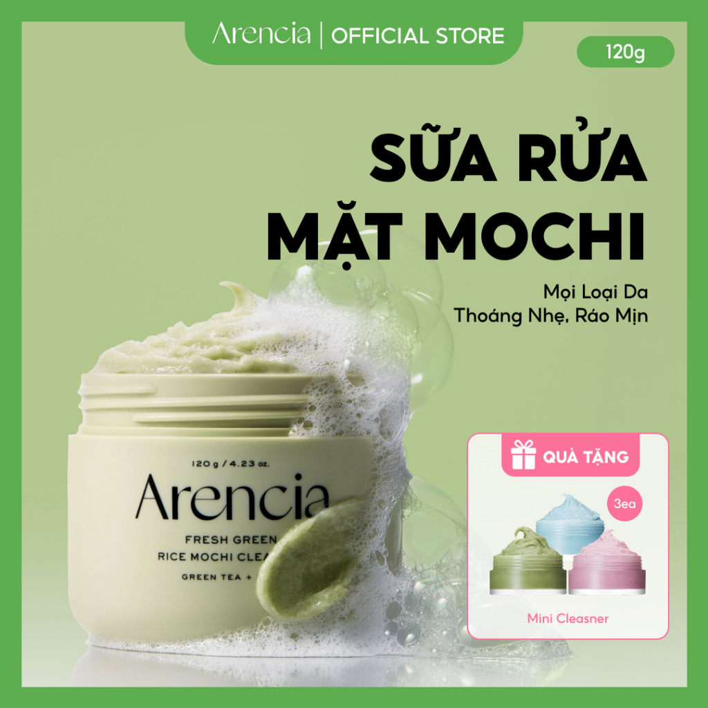 [Arencia] Sữa rửa mặt Mochi gạo xanh tươi 120g | Làm sạch, Cấp ẩm, loại bỏ mụn đầu đen