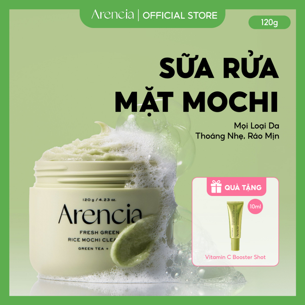 [Arencia] Sữa rửa mặt Mochi gạo xanh tươi 120g | Làm sạch, Cấp ẩm, loại bỏ mụn đầu đen
