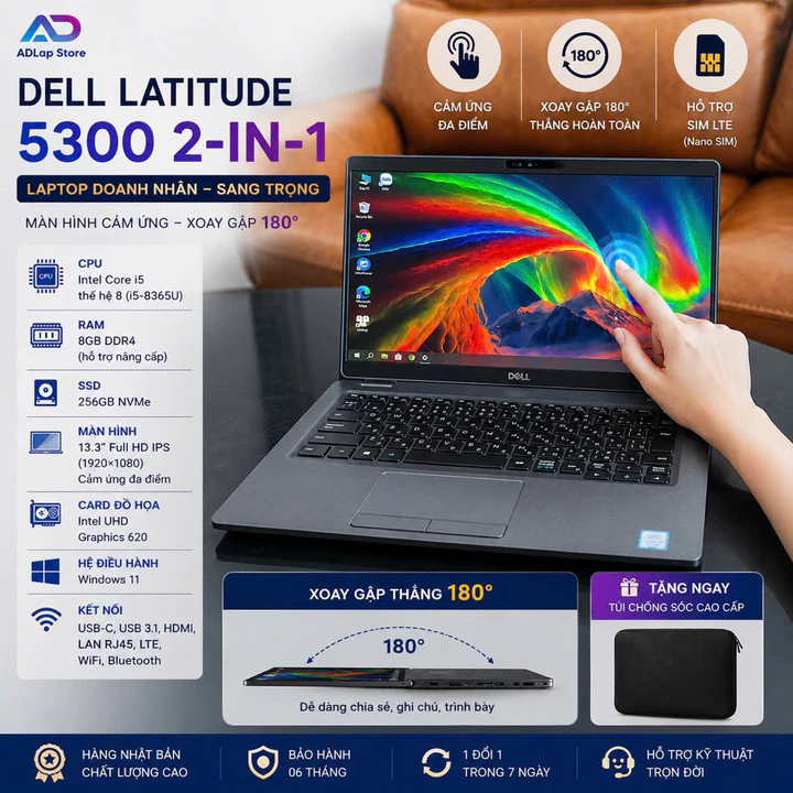 Laptop 2in1 cảm ứng Dell Latitude 5300 ,có LTE Core i5 Gen 8 RAM 8GB SSD 256GB - Đã Qua Sử Dụng