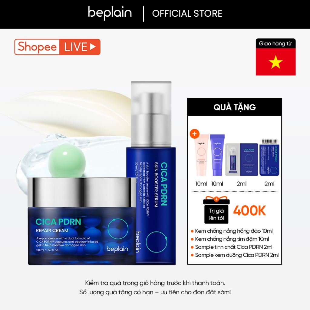 Kem dưỡng BEPLAIN PDRN Rau Má đàn hồi & trẻ hóa làn da, cấp ẩm & căng bóng Cica PDRN 50ml & Serum 30ml