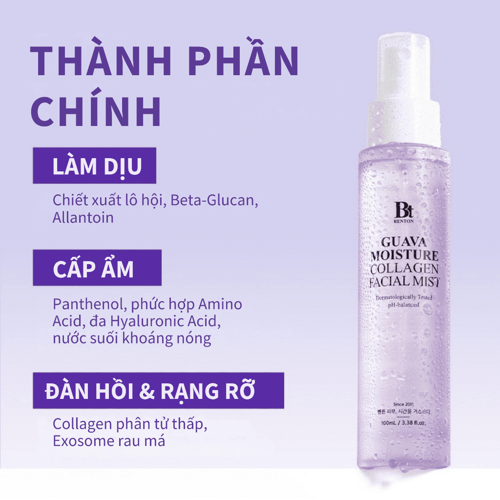 [Benton Official] Xịt Khoáng Guava Moisture Collagen – Cấp ẩm, làm mát tức thì, làm dịu da, giúp da căng bóng, tươi mới và hỗ trợ cải thiện dấu hiệu lão hóa