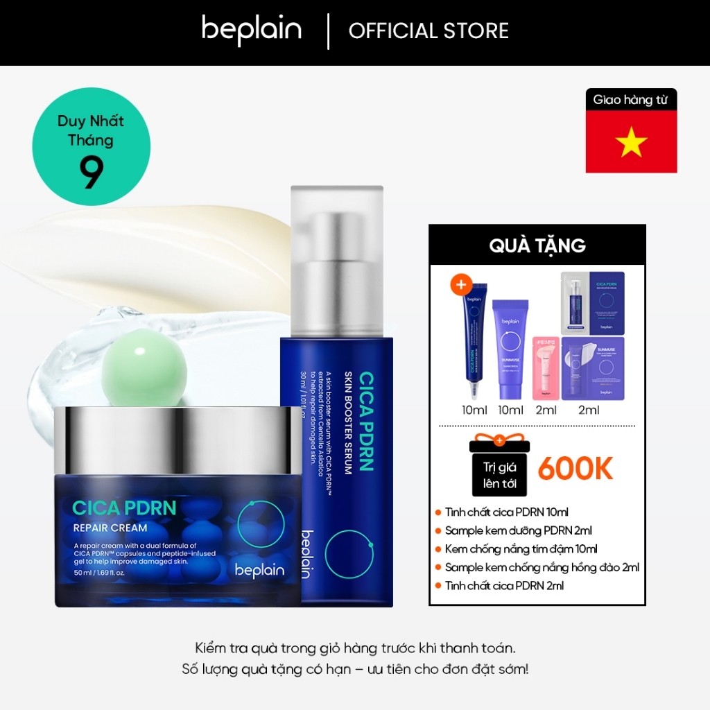 [Beplain Chính Hãng] [Combo độc quyền] Kem dưỡng BEPLAIN PDRN Rau Má đàn hồi & trẻ hóa làn da, cấp ẩm & căng bóng Cica PDRN 50ml & Serum 30ml