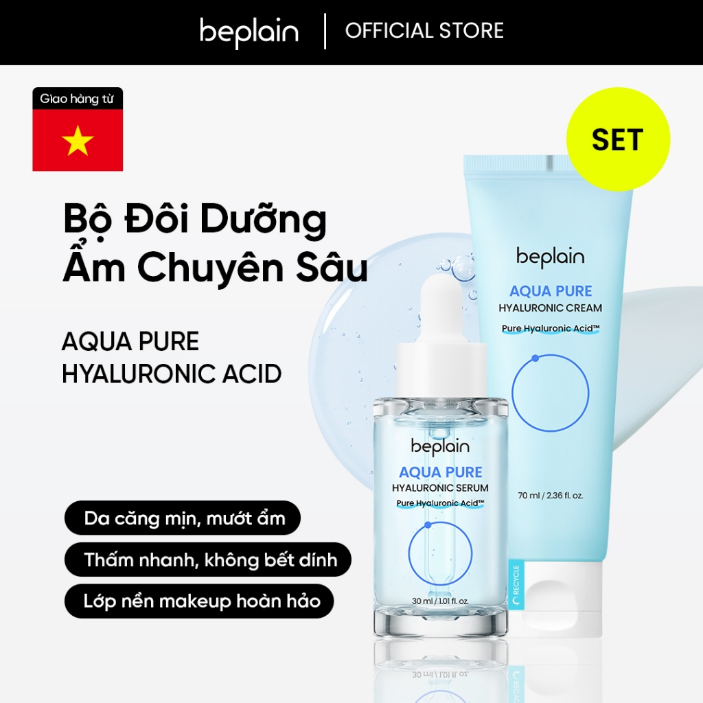 Tinh chất Serum Dưỡng ẩm chuyên sâu 30ML & Kem Dưỡng ẩm giúp Cân Bằng và làm Dịu Da BEPLAIN AQUA PURE HYALURONIC 70ML