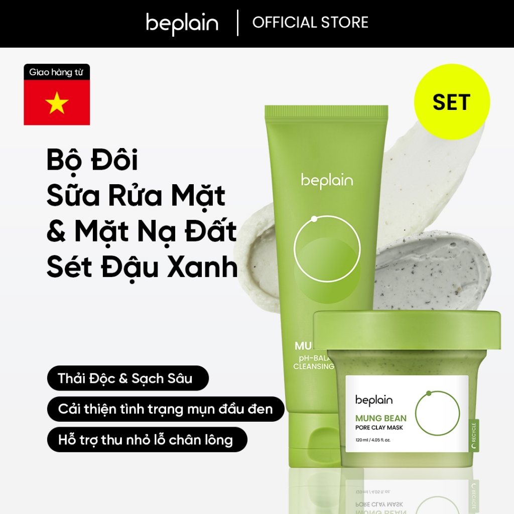 Sữa rửa mặt BEPLAIN Đậu Xanh cân bằng độ pH 80ml & Mặt nạ đất sét beplain X LeoJ 120ml chiết xuất đậu xanh se khít lỗ chân lông giảm mụn đầu đen