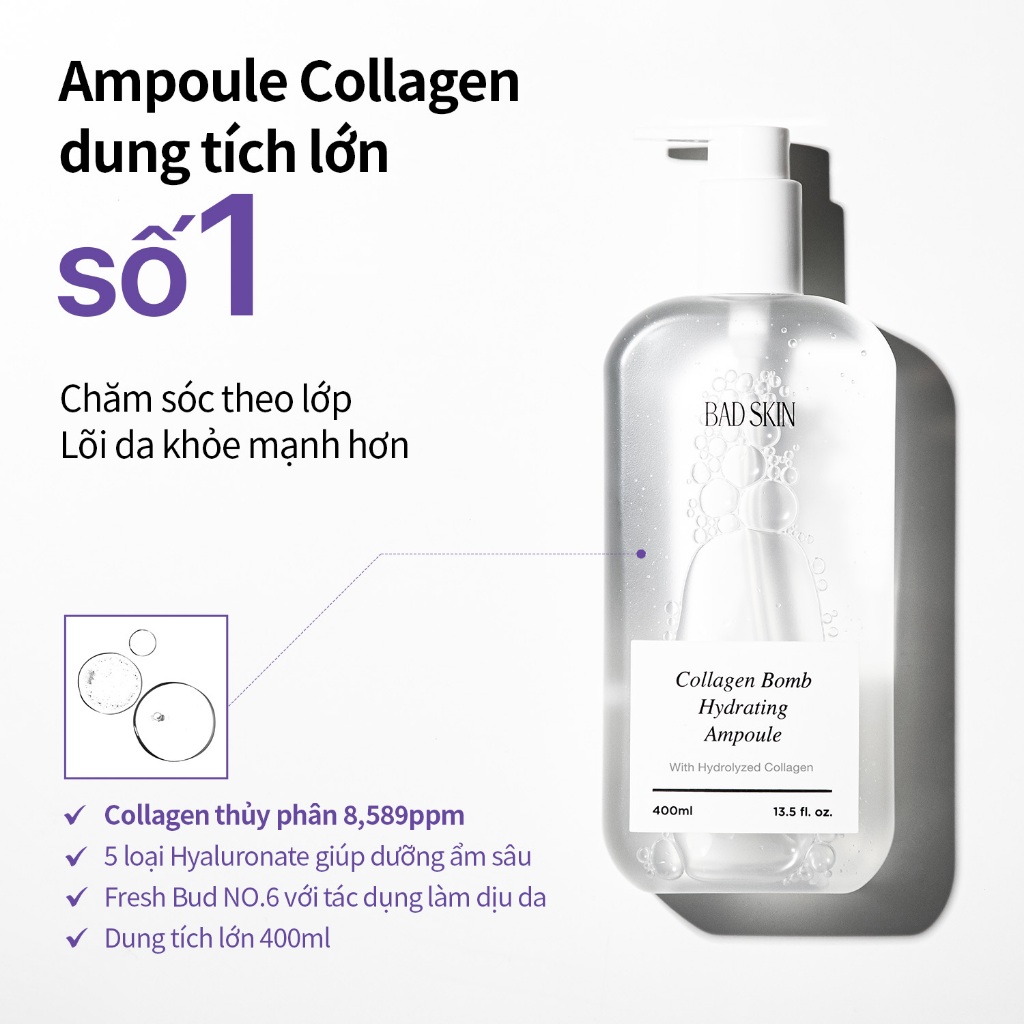 [BADSKIN KOREA] Collagen Bomb Hydrating Ampoule 400ml, Collagen có nguồn gốc từ vảy cá biển (không chứa thành phần từ lợn), chống lão hóa, sản xuất tại Hàn Quốc.