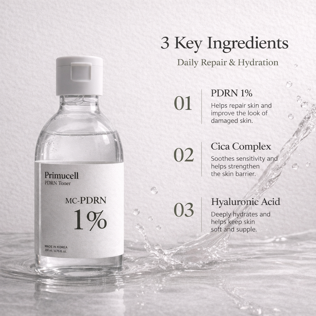 [Primucell] Bộ sản phẩm gồm Nước hoa hồng MC-PDRN 1% 200ml + Tinh chất 5% 33ml | Bộ đôi dưỡng ẩm & làm săn chắc da và tạo vẻ rạng rỡ