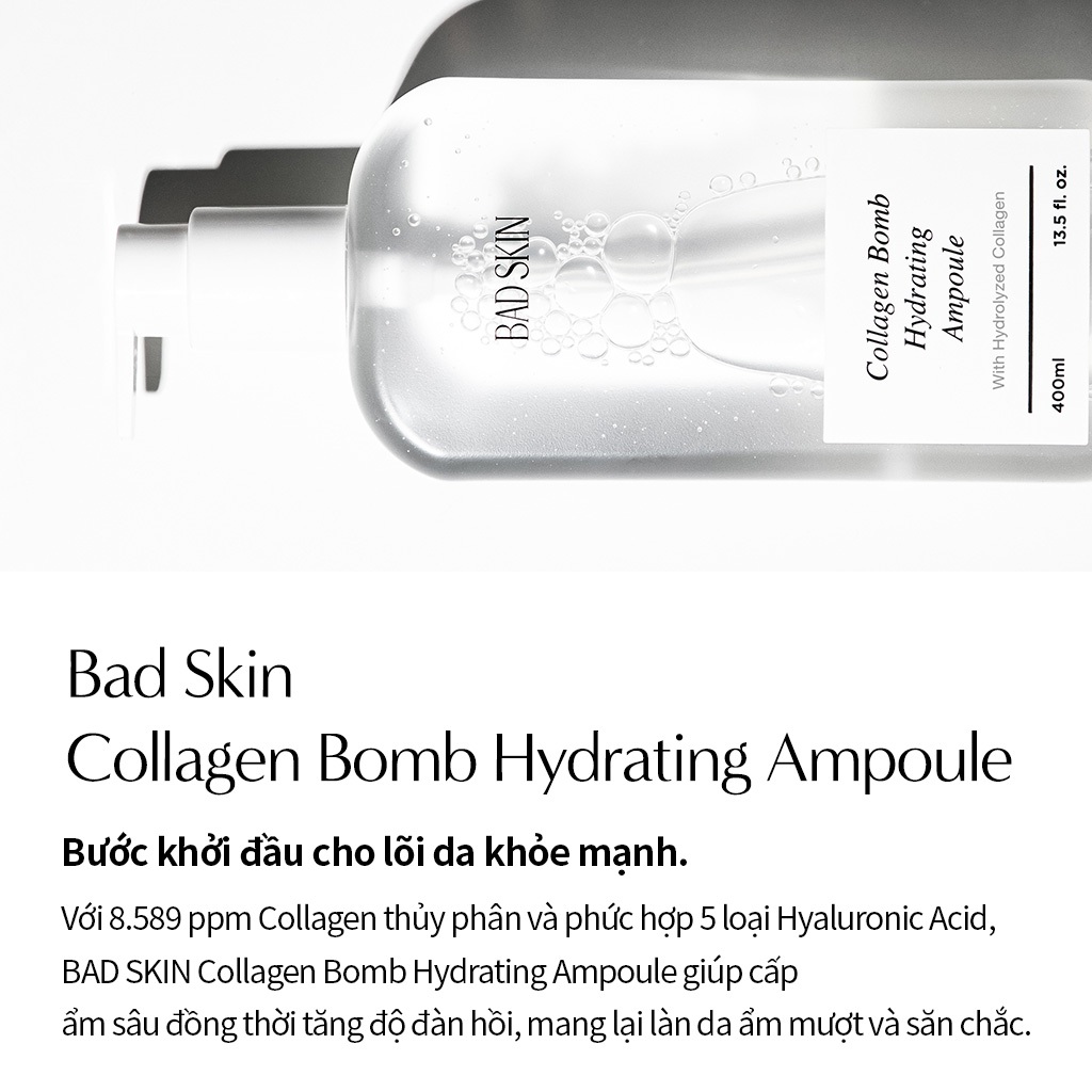 [BADSKIN KOREA] Collagen Bomb Hydrating Ampoule 400ml, Collagen có nguồn gốc từ vảy cá biển (không chứa thành phần từ lợn), chống lão hóa, sản xuất tại Hàn Quốc.