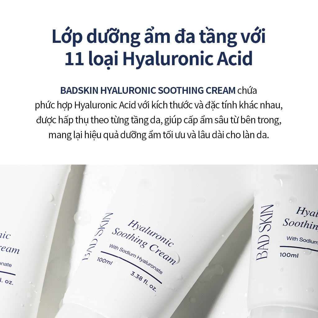[BADSKIN KOREA] Hyaluronic Soothing Cream 100ml, 11 loại Axit Hyaluronic dưỡng ẩm, Nước suối nóng Nengam 72% dành cho kem nguyên chất: