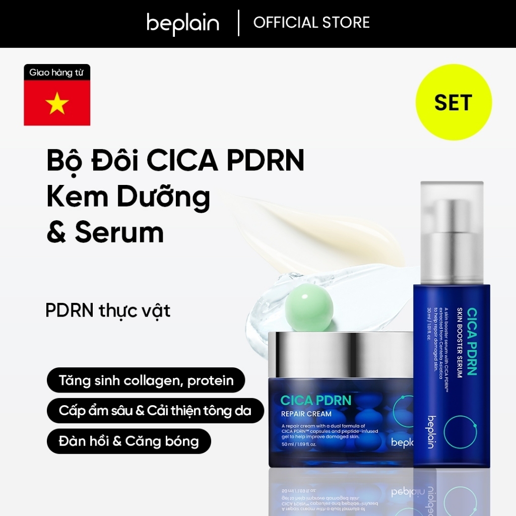 Kem dưỡng BEPLAIN PDRN Rau Má đàn hồi & trẻ hóa làn da, cấp ẩm & căng bóng Cica PDRN 50ml & Serum 30ml