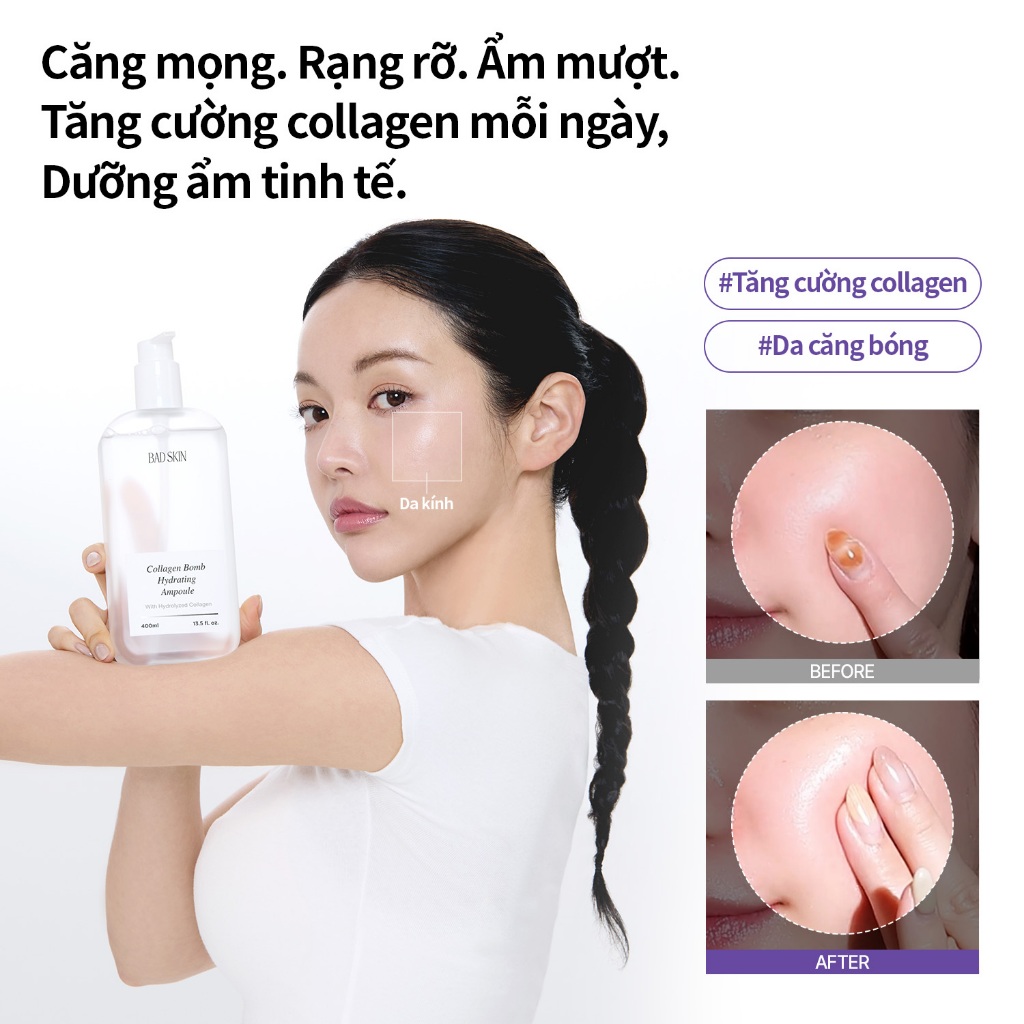 [BADSKIN KOREA] Collagen Bomb Hydrating Ampoule 400ml, Collagen có nguồn gốc từ vảy cá biển (không chứa thành phần từ lợn), chống lão hóa, sản xuất tại Hàn Quốc.