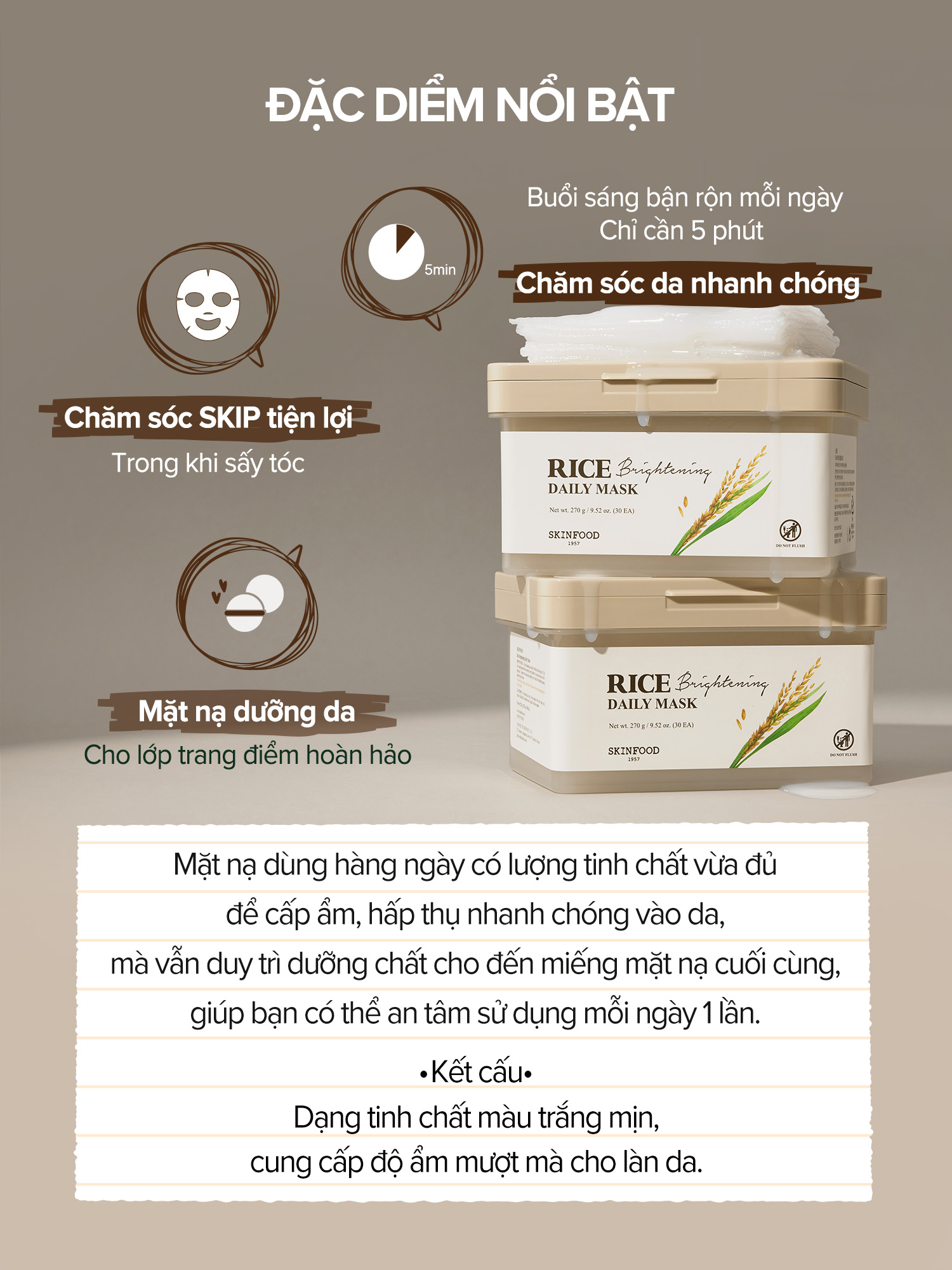 Mô tả Mặt nạ hàng ngày dưỡng trắng da tinh chất gạo 30 miếng / Da sáng rạng rỡ / Làm sáng và nuôi dưỡng làn da khô / Rice Brightening Daily Mask - 2