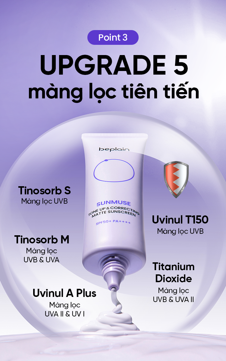 Mô tả Kem chống nắng BEPLAIN Sunmuse lai Vật Lý & Hoá Học Nâng Tone & Hiệu chỉnh da Matte Mịn lì SPF 50+ PA++++ 50mL - 7