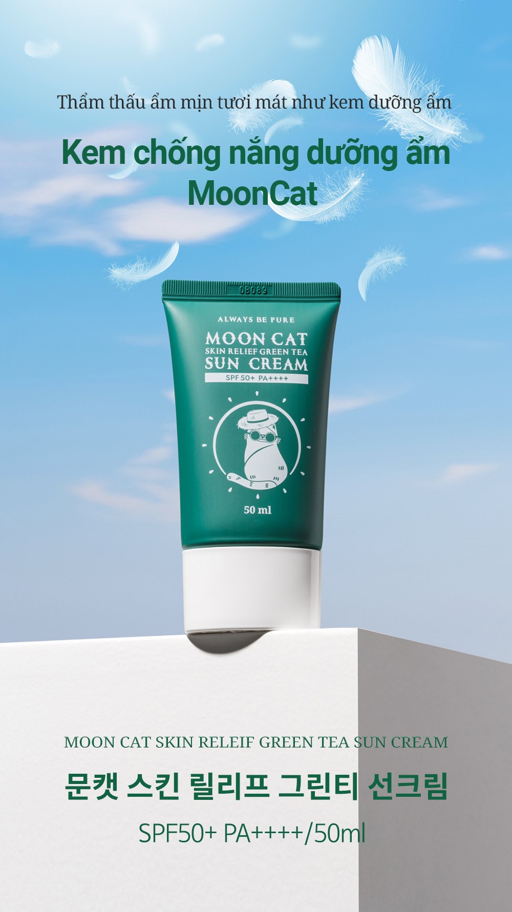 Mô tả Kem chống nắng dịu nhẹ ALWAYS BE PURE Moon Cat Skin Relief Green Tea Sun Cream SPF 50+/ PA++++ - 1