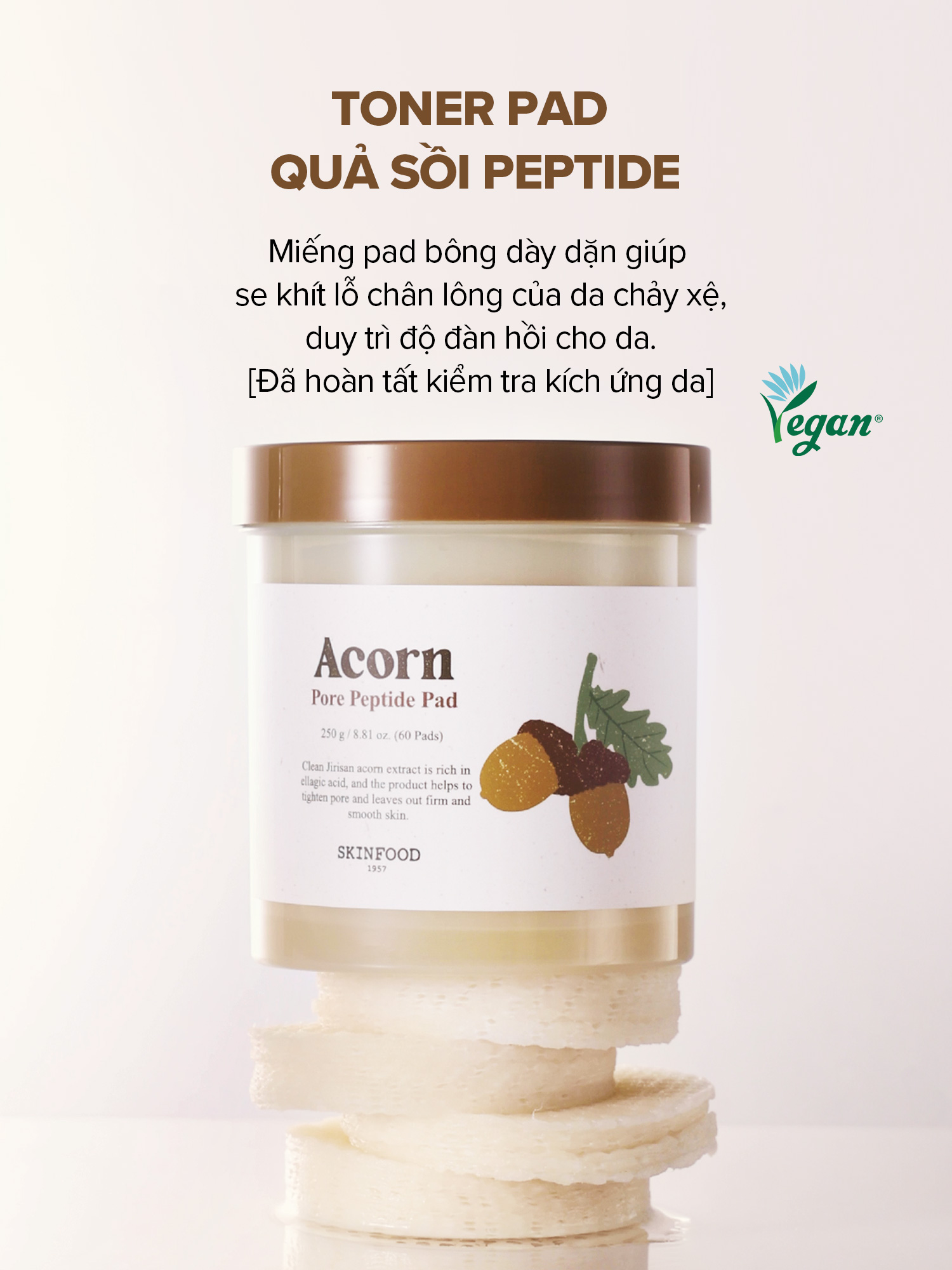 Mô tả Hộp 60 miếng bông quả sồi / Peptide se khít lỗ chân lông và cải thiện độ đàn hồi của da / Acorn Pore Peptide Pad / Toner Pad - 1