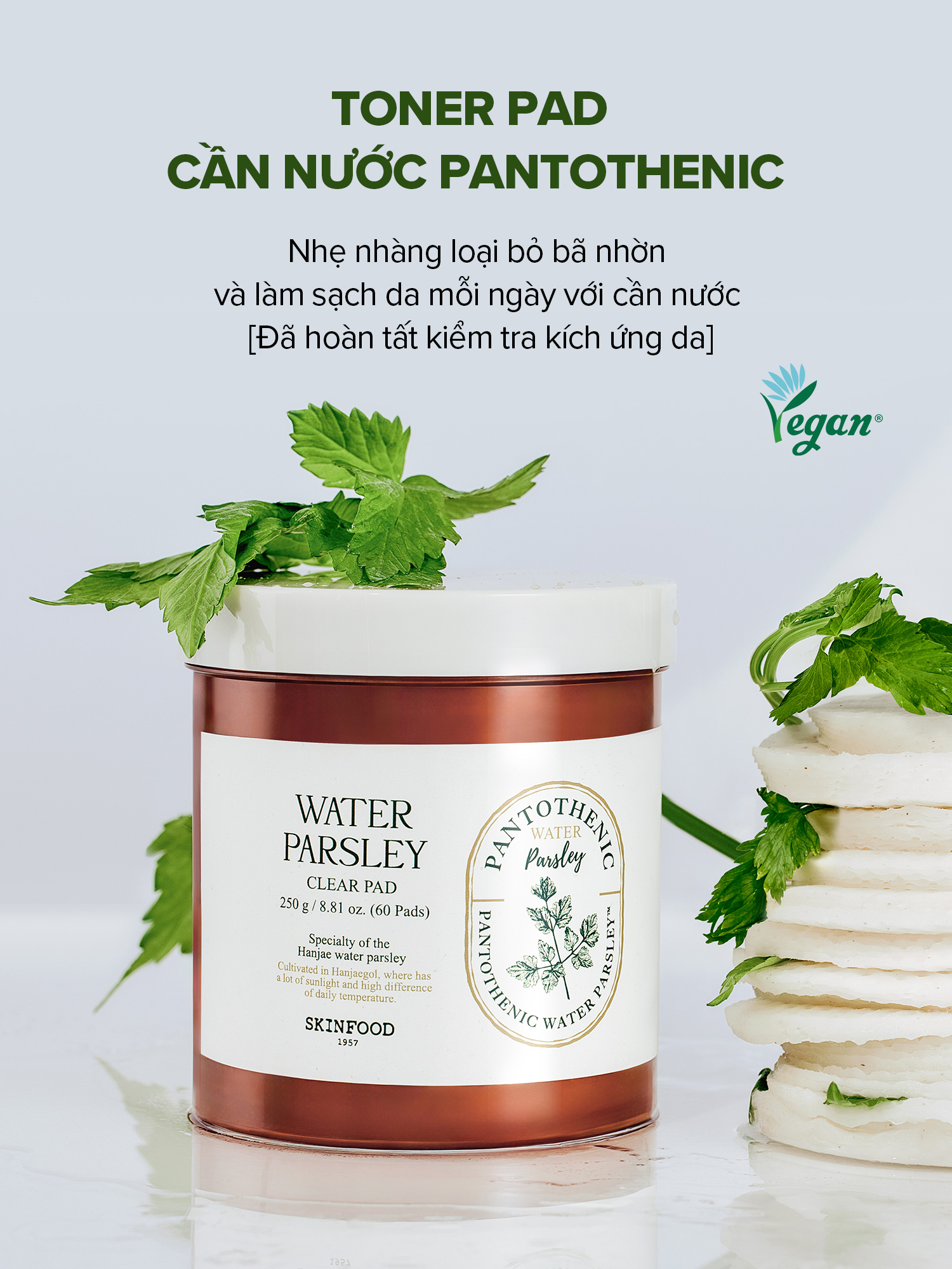 Mô tả Hộp 60 miếng bông cần nước / B5 kiểm soát bã nhờn và chống viêm / Pantothenic Water Parsley Clear Pad / Toner Pad - 1