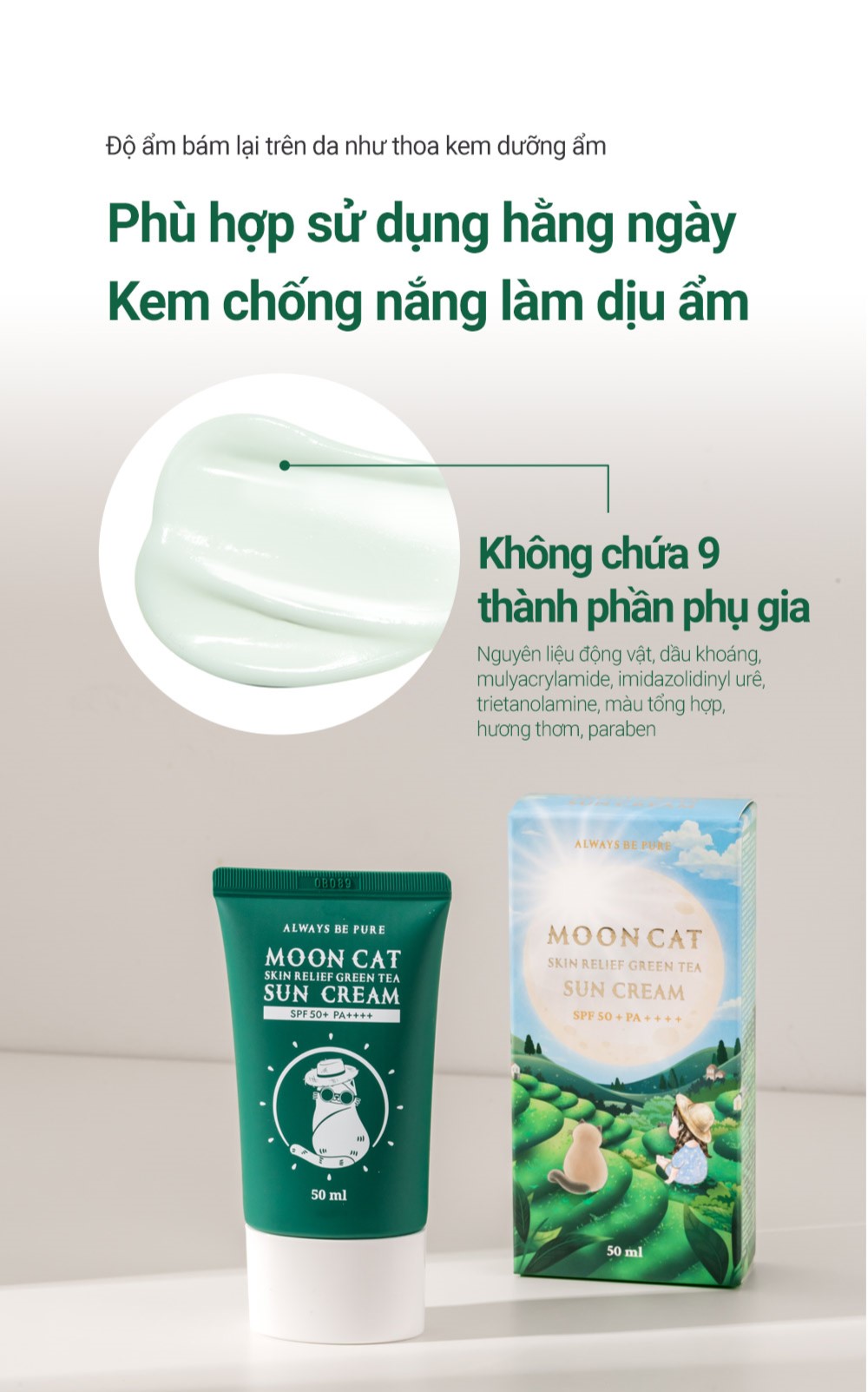 Mô tả Kem chống nắng dịu nhẹ ALWAYS BE PURE Moon Cat Skin Relief Green Tea Sun Cream SPF 50+/ PA++++ - 2