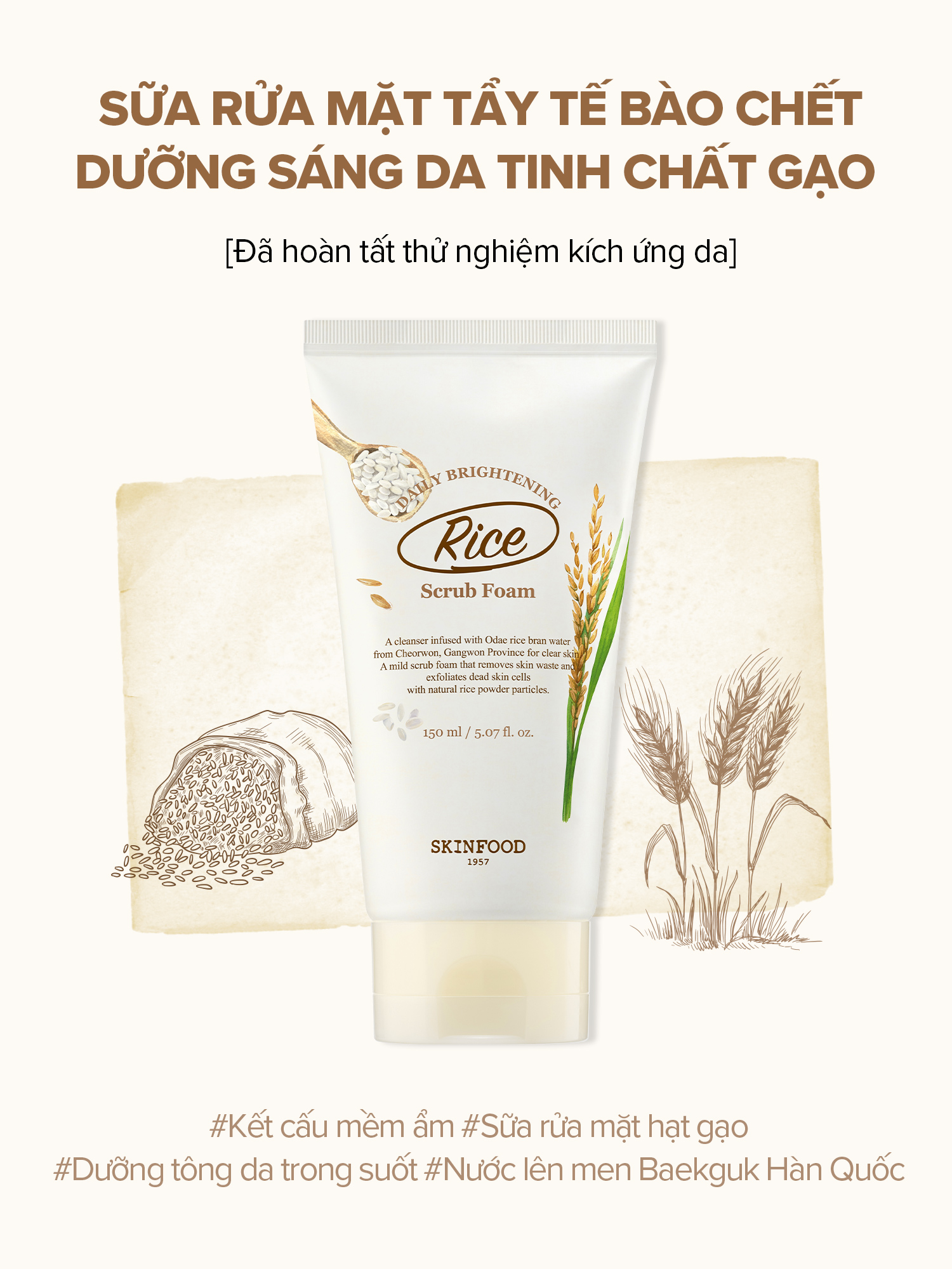 Mô tả Sữa rửa mặt gạo tạo bọt làm sạch cho da nhạy cảm Rice Daily Brightening Scrub Foam 150ml - 2