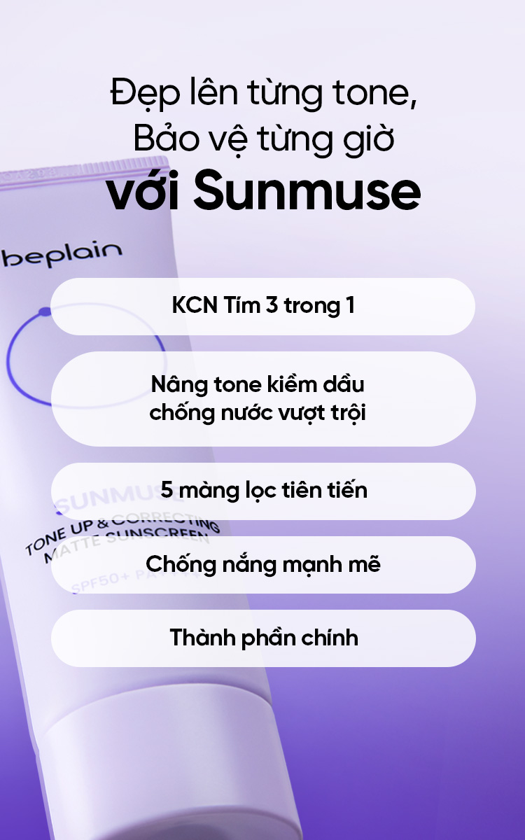 Mô tả [Combo độc quyền 50ml X2] Kem chống nắng BEPLAIN Sunmuse lai Vật Lý & Hoá Học Nâng Tone & Hiệu chỉnh da Matte Mịn lì SPF 50+ PA++++ 50mL + 50ml - 1