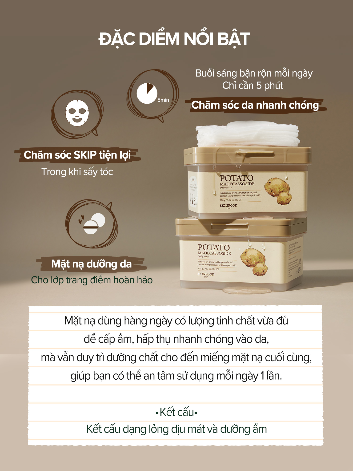 Mô tả Mặt nạ dưỡng da hàng ngày Khoai tây Madecassoside 30 miếng / Cải thiện sắc tố da / Hiệu quả làm dịu / Potato Daily Mask - 2