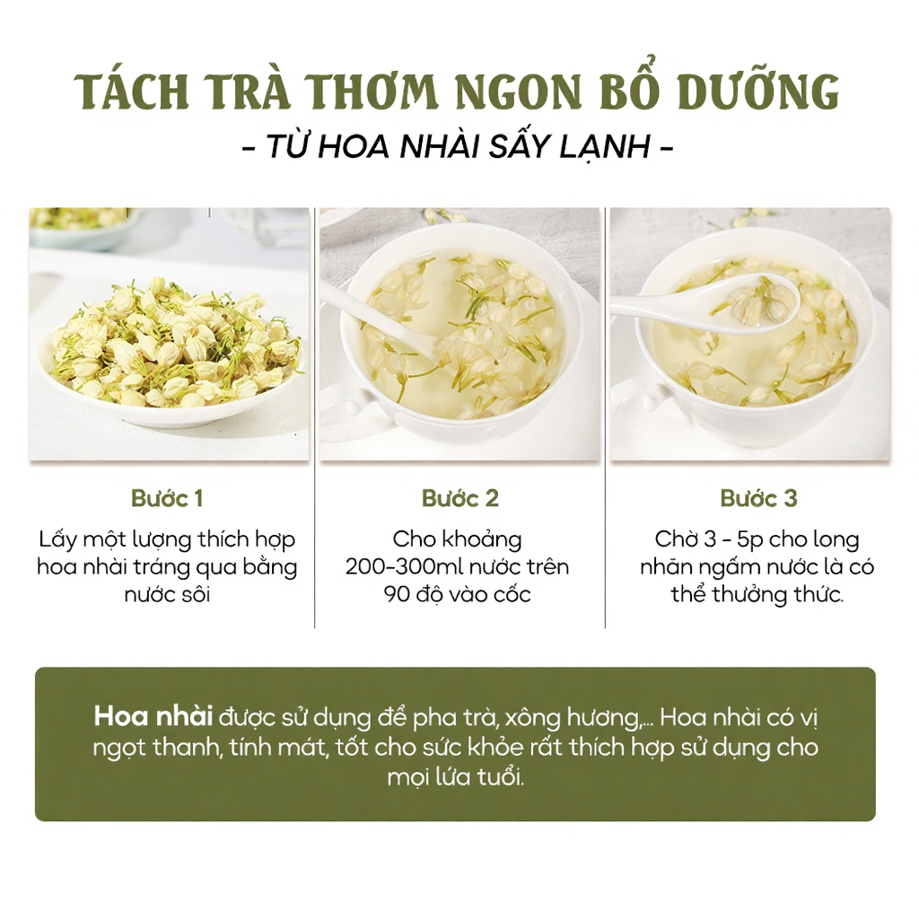 Trà hoa nhài sấy lạnh 100g, nguyên bông, nụ trắng thơm, đẹp - dùng pha trà, ướp trà sen