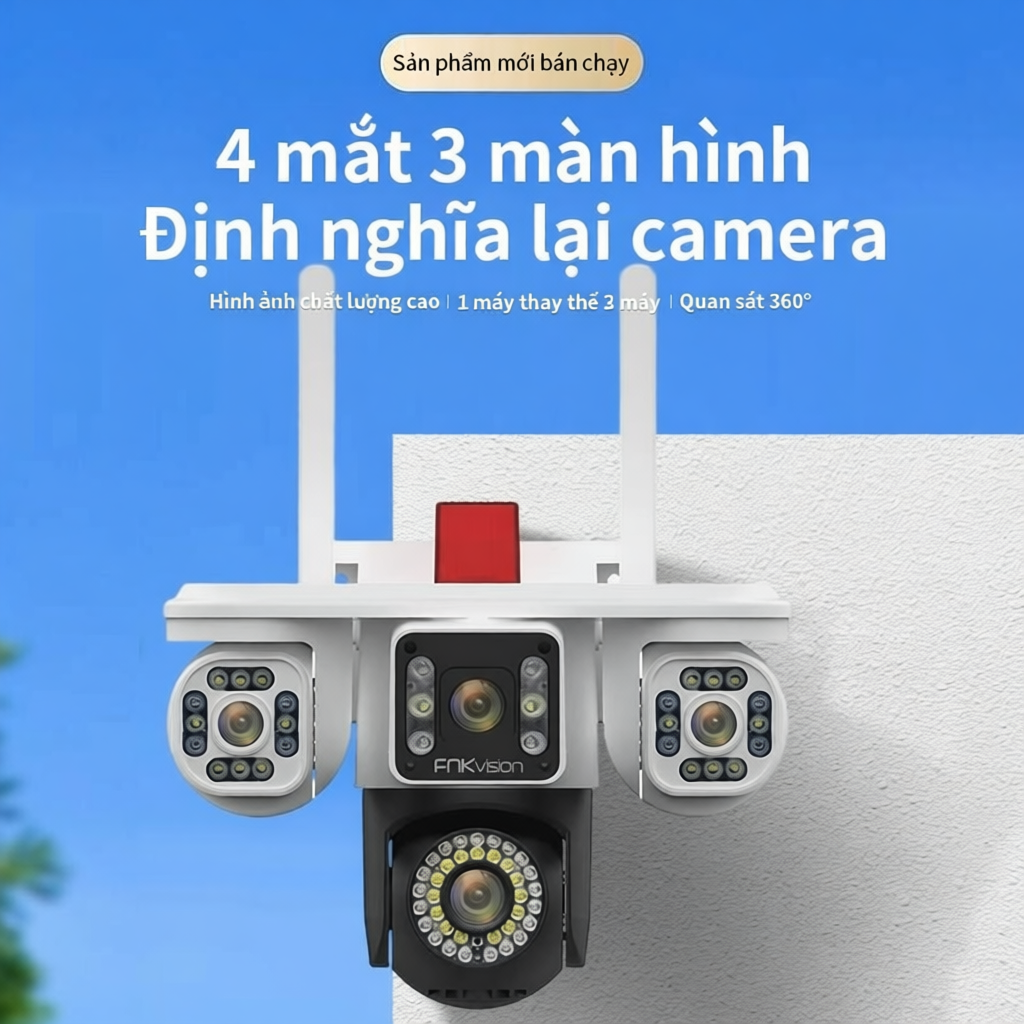 Camera YOOSEE Ngoài Trời 4 mắt (Xoay Được 3 Mắt) 3 Màn Hình Độ Phân Giải 18MP Tích Hợp 56 LED Nét OK