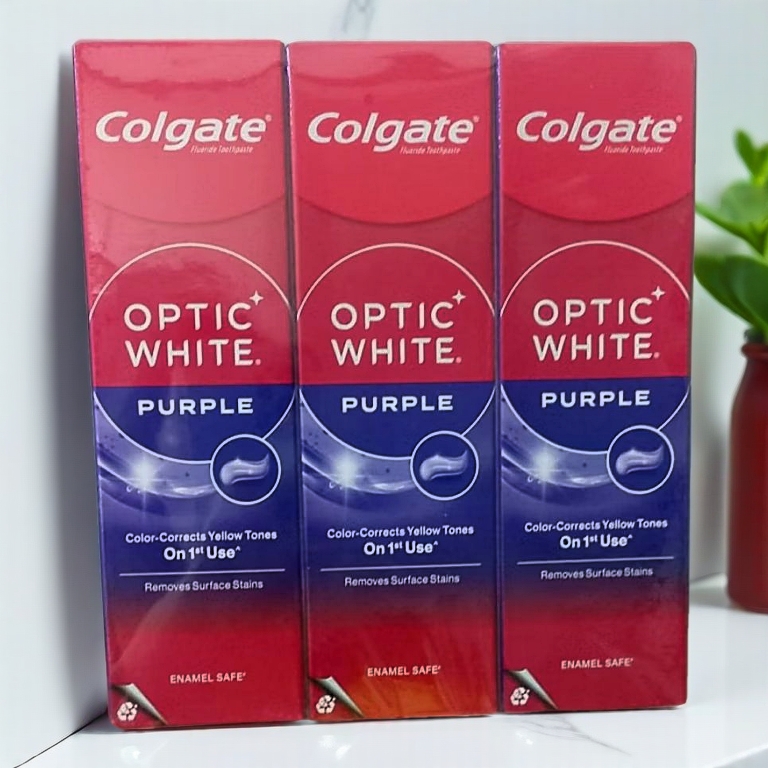 Kem đánh răng Colgate trắng răng Optic White Purple - Trung hòa sắc tố vàng trên răng