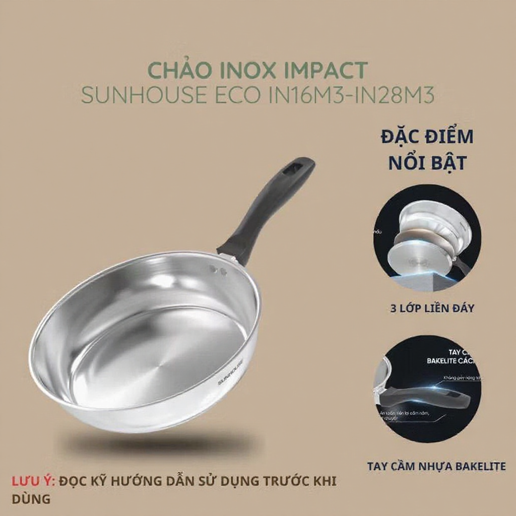 Chảo inox 304 Sunhouse 22cm dùng với mọi loại bếp lớp chống dính tự nhiên an toàn cho sức khỏe cán inox và cán nhựa | BigBuy360 - bigbuy360.vn
