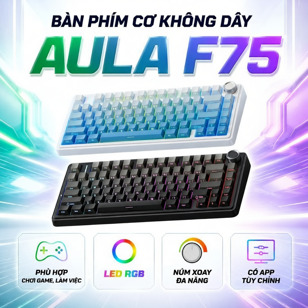 Bàn phím cơ không dây Aula F75 Pro - Kết nối bluetooth, Có núm xoay - Layout 75%, LED RGB - Dùng cho PC, laptop | BigBuy360 - bigbuy360.vn