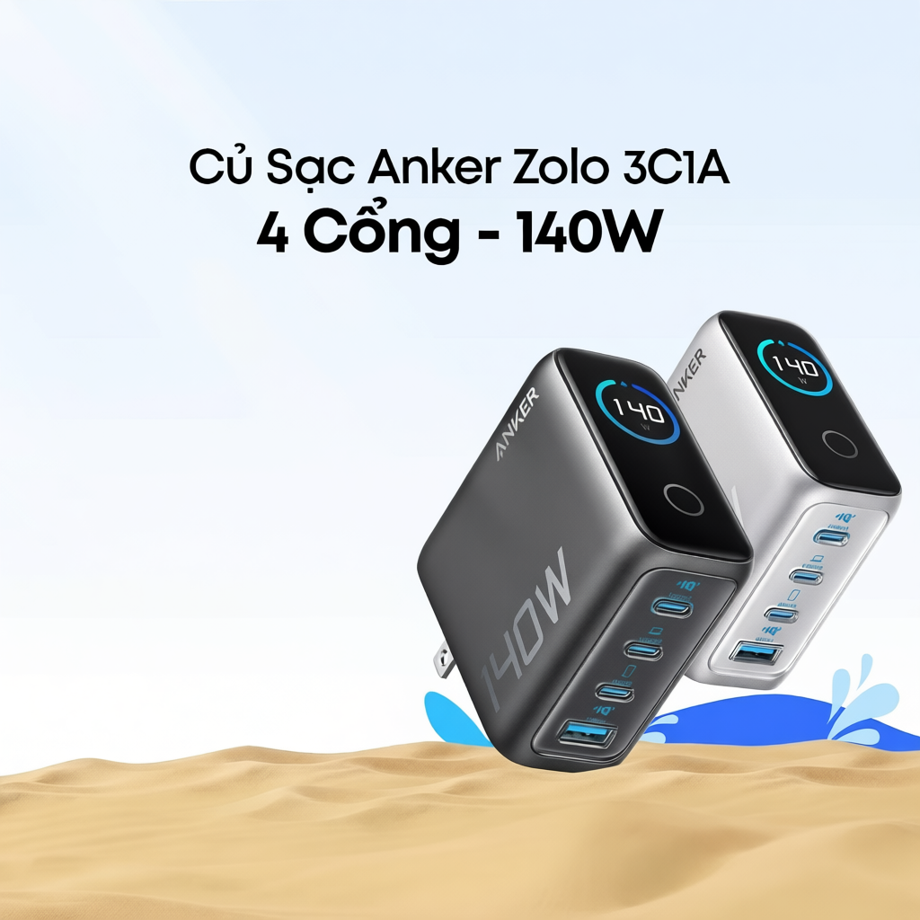 Bộ sạc nhanh Anker Zolo B2697 140W GaN, 4 cổng 3 USB-C và 1 USB-A, sạc cùng lúc 4 thiết bị | BigBuy360 - bigbuy360.vn