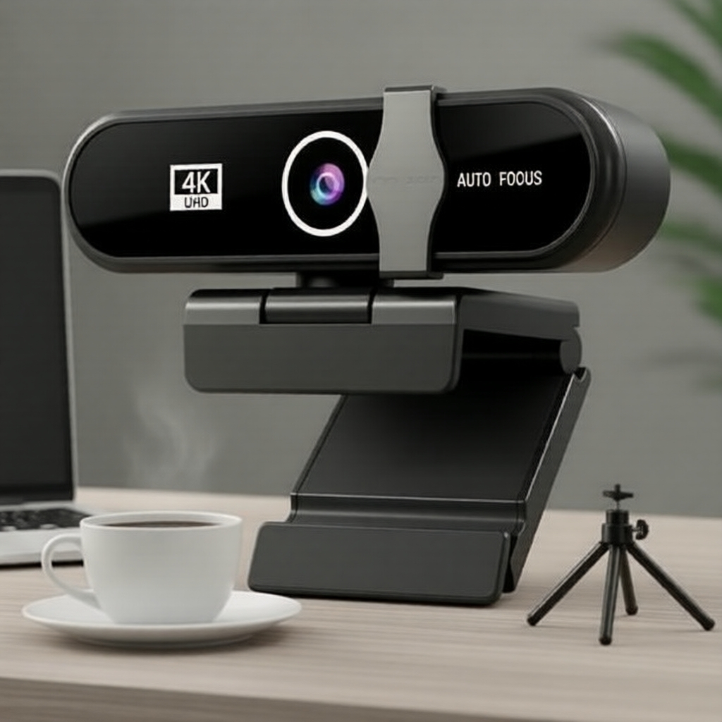 Webcam 4K kèm micro, chống ồn, nắp bảo vệ quyền riêng tư, chân máy, ống kính rộng & tự động cân bằng sáng—Cắm là dùng