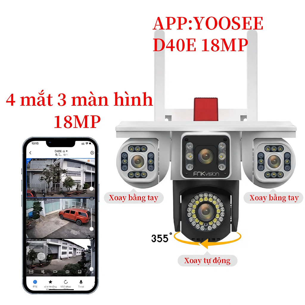 Camera YOOSEE Ngoài Trời 4 mắt (Xoay Được 3 Mắt) 3 Màn Hình Độ Phân Giải 18MP Tích Hợp 56 LED Nét OK | BigBuy360 - bigbuy360.vn