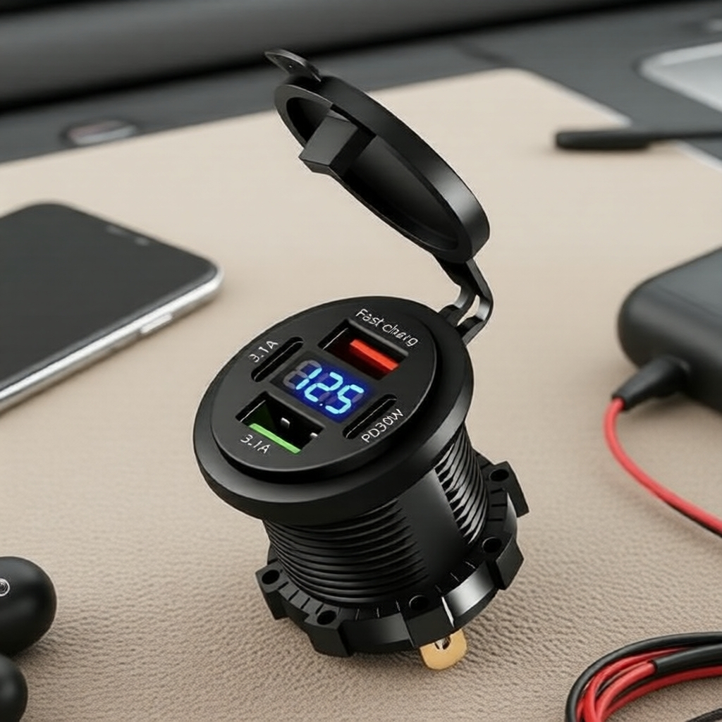 1 Bộ sạc nhanh xe hơi/xe máy 12V/24V IPX6, QC 3.0, 2 USB + 2 Type-C cho xe máy, ATV, thuyền, xe tải