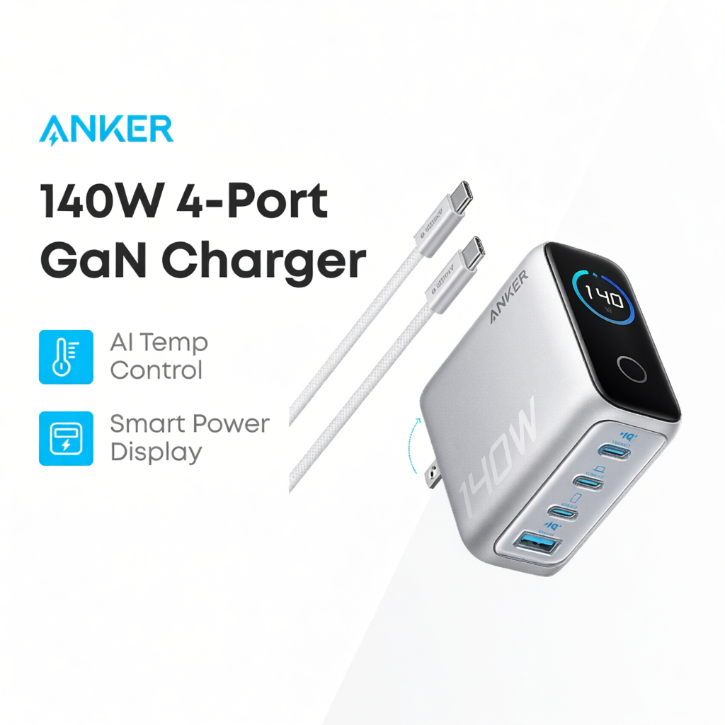 Bộ sạc nhanh Anker Zolo B2697 140W GaN, 4 cổng 3 USB-C và 1 USB-A, sạc cùng lúc 4 thiết bị | BigBuy360 - bigbuy360.vn