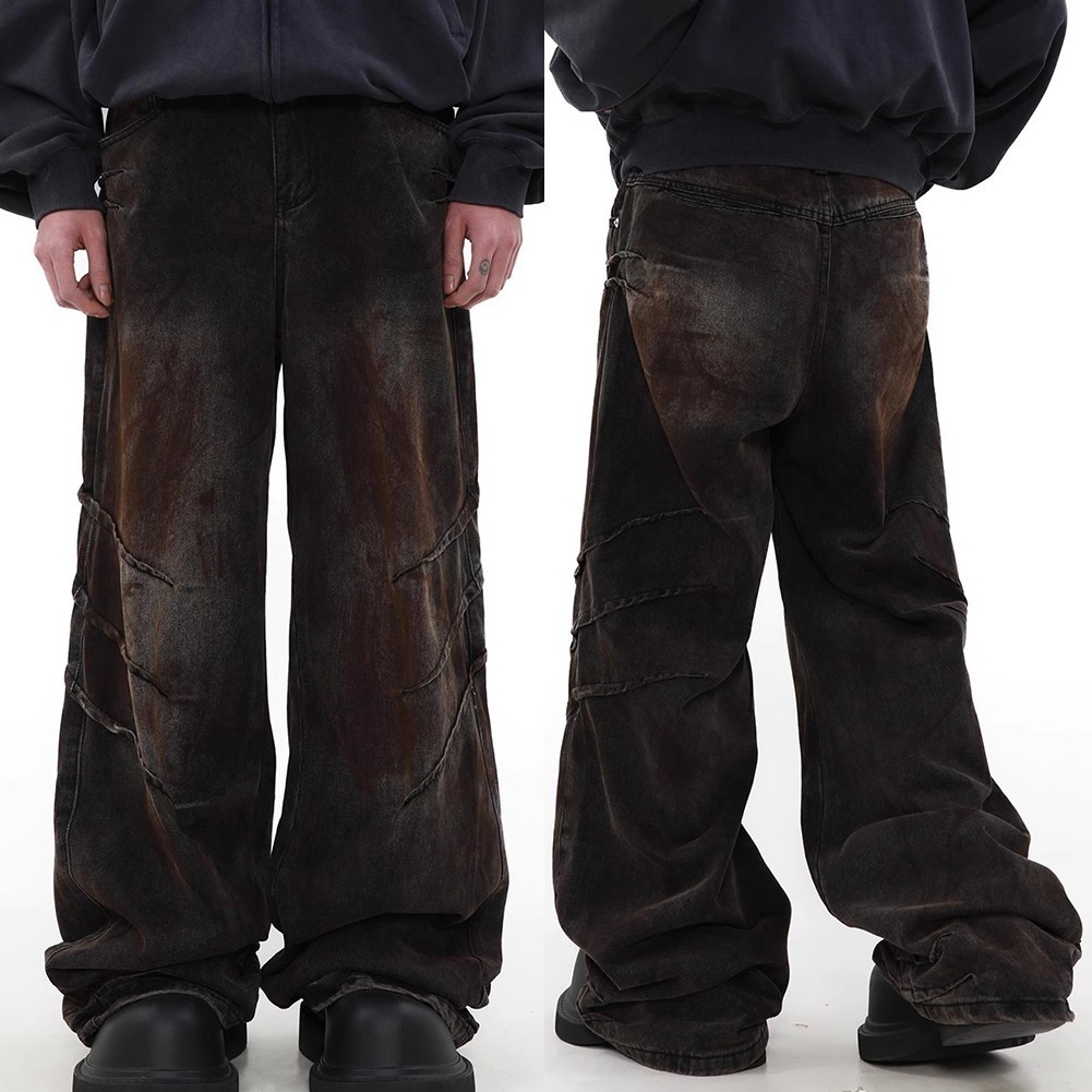 Hàng sẵn có dành cho nam xếp ly High Street Worn Out quần Jean màu gradient ống rộng thẳng