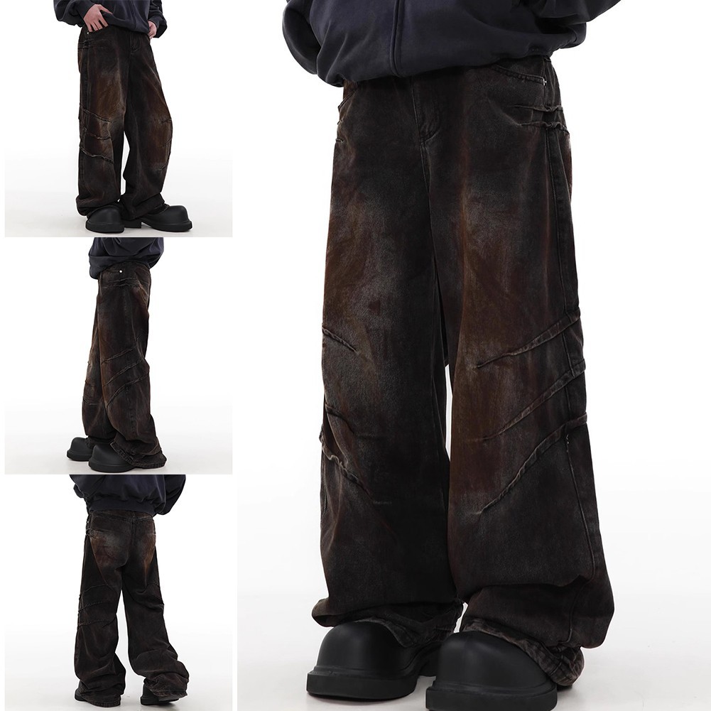 Hàng sẵn có dành cho nam xếp ly High Street Worn Out quần Jean màu gradient ống rộng thẳng