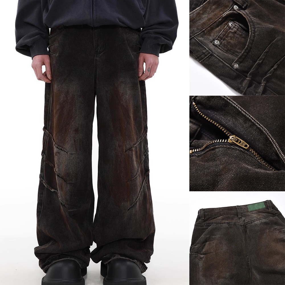 Hàng sẵn có dành cho nam xếp ly High Street Worn Out quần Jean màu gradient ống rộng thẳng