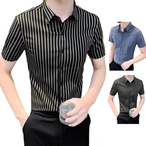 Nam Công Sở Sọc Áo Sơ Mi Thoáng Khí Tee Dạo Phố Áo Tay Ngắn