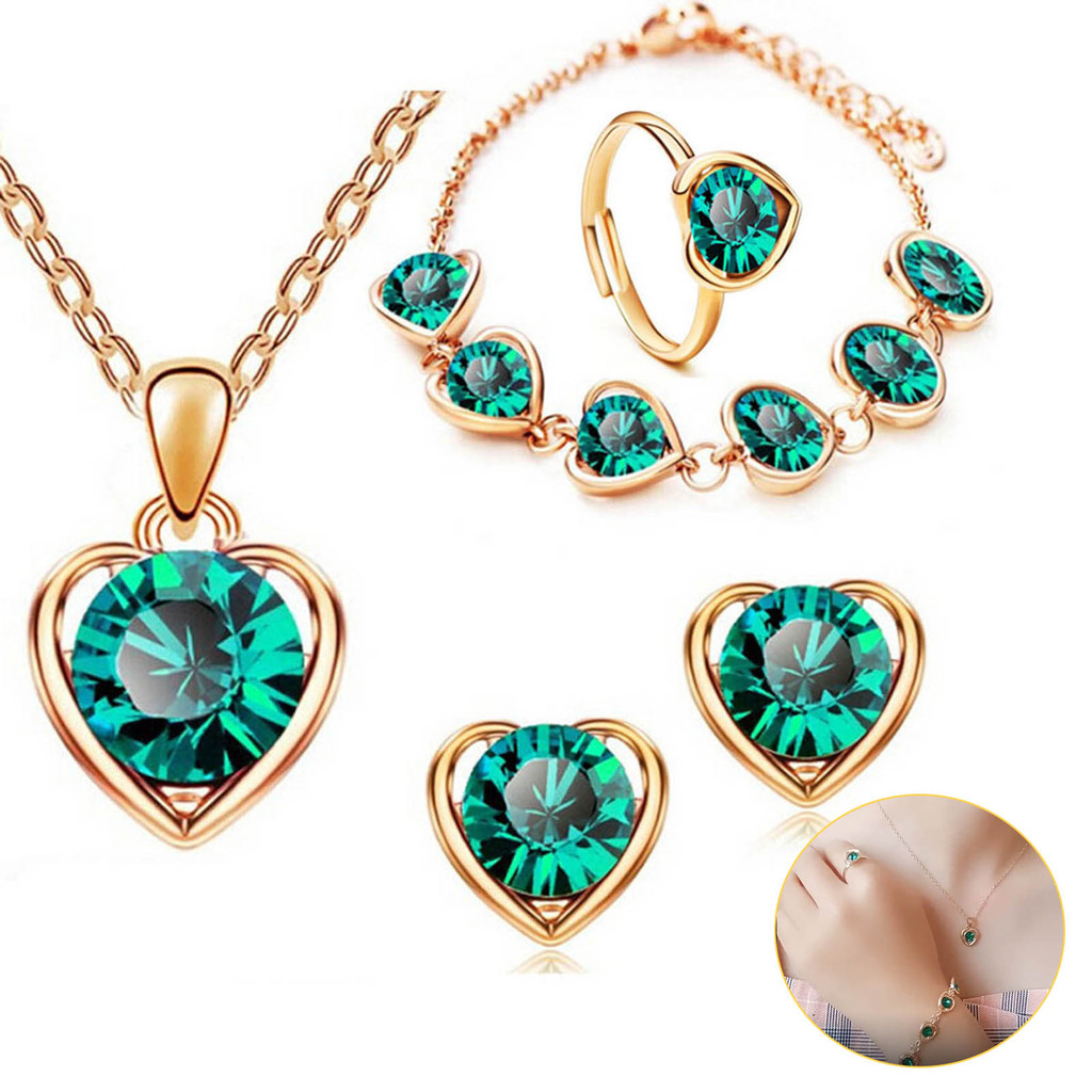 Bộ trang sức nữ thanh lịch với kim cương giả, gồm mặt dây chuyền trái tim và phụ kiện có thể điều chỉnh