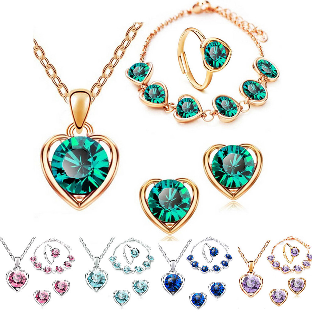 Bộ trang sức nữ thanh lịch với kim cương giả, gồm mặt dây chuyền trái tim và phụ kiện có thể điều chỉnh