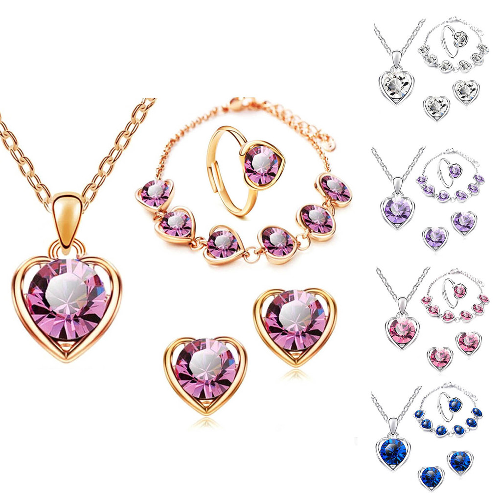 Bộ trang sức nữ thanh lịch với kim cương giả, gồm mặt dây chuyền trái tim và phụ kiện có thể điều chỉnh