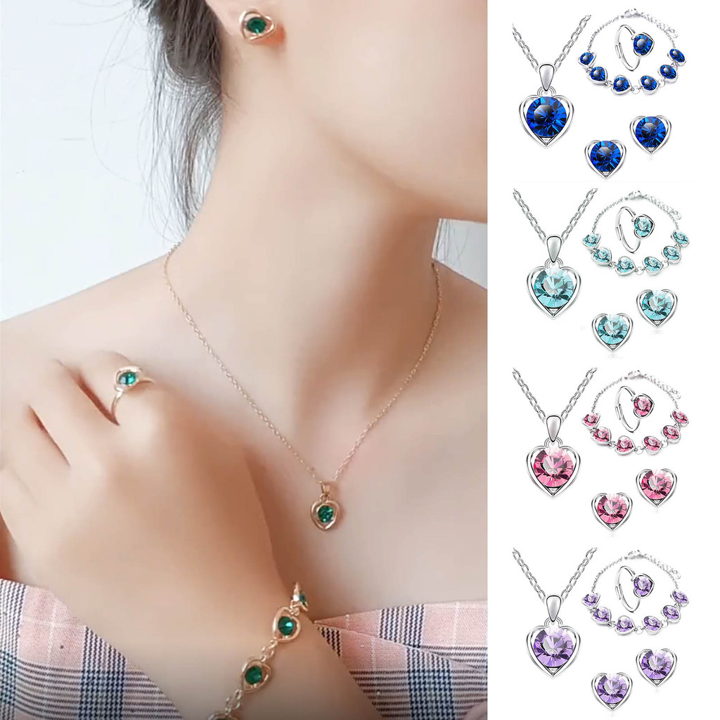 Bộ trang sức nữ thanh lịch với kim cương giả, gồm mặt dây chuyền trái tim và phụ kiện có thể điều chỉnh