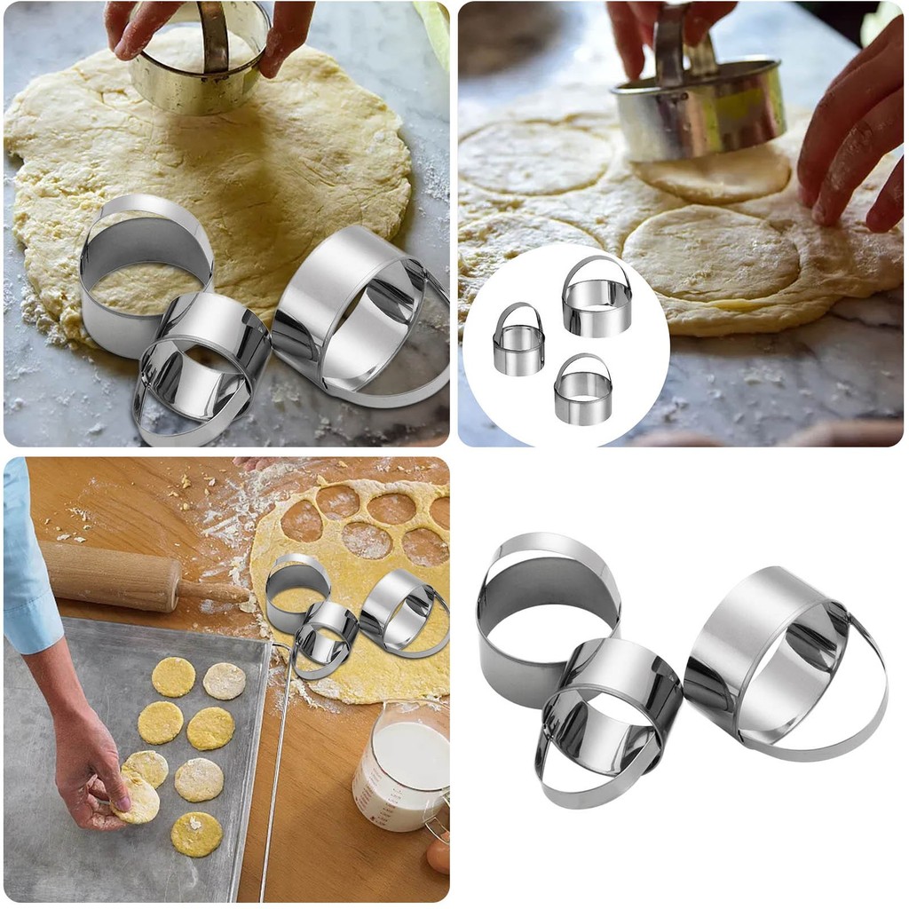 Vòng bánh quy bằng thép không gỉ In bánh quy 3 món Bộ dụng cụ in bánh quy miệng tròn phẳng