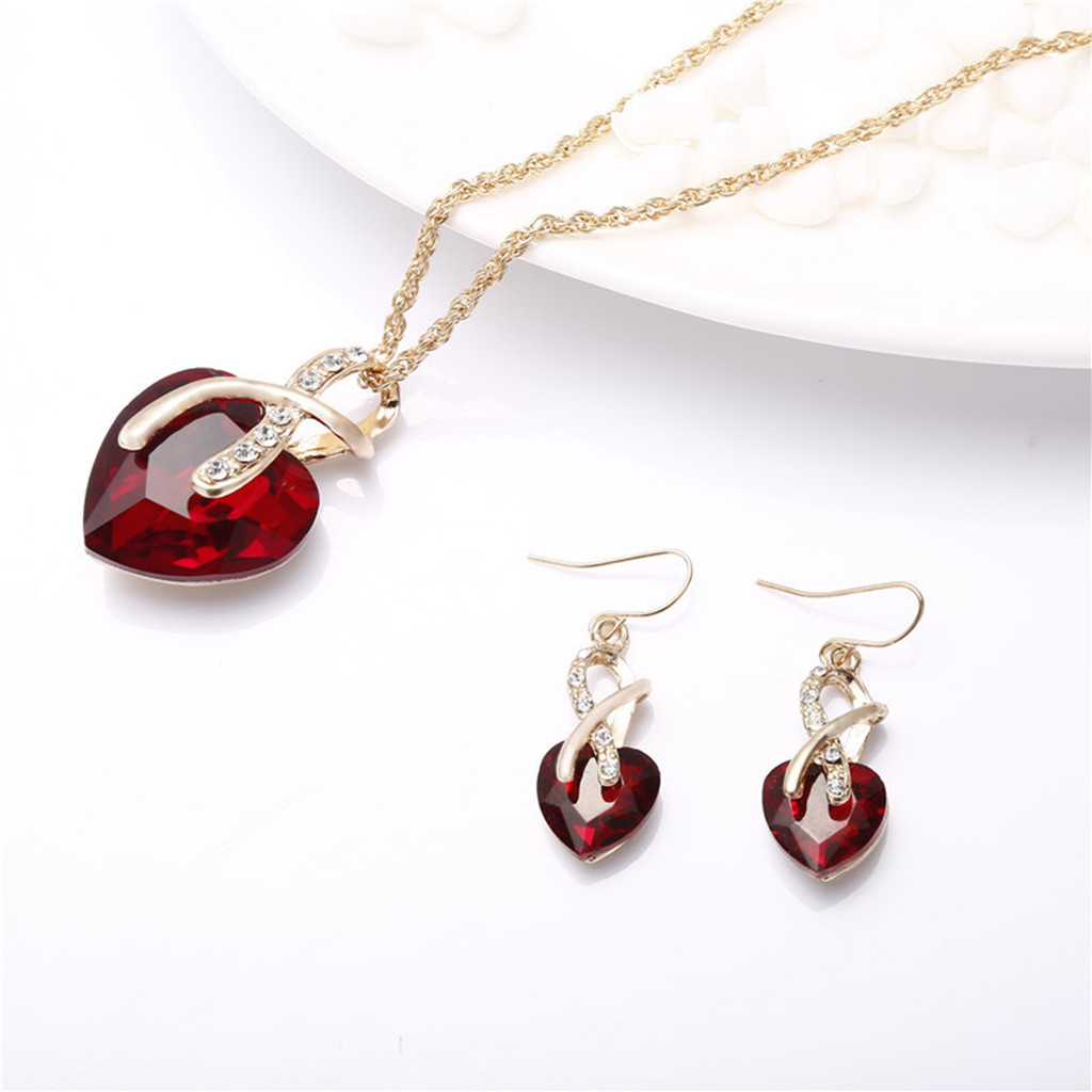 Bông Tai & Mặt Dây Chuyền Trái Tim Giả Pha Lê Ngọt Ngào - Perfect Set Cho Đám Cưới