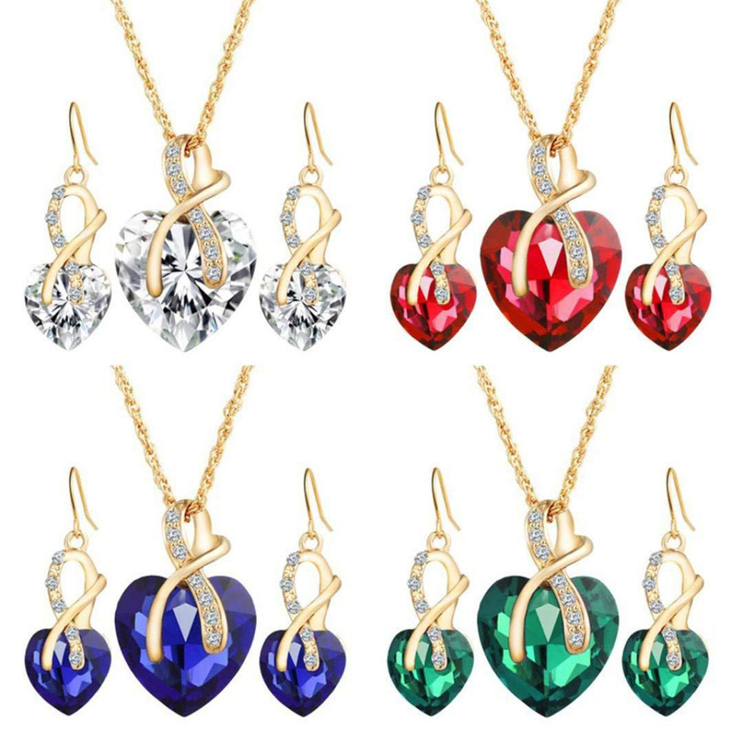 Bông Tai & Mặt Dây Chuyền Trái Tim Giả Pha Lê Ngọt Ngào - Perfect Set Cho Đám Cưới