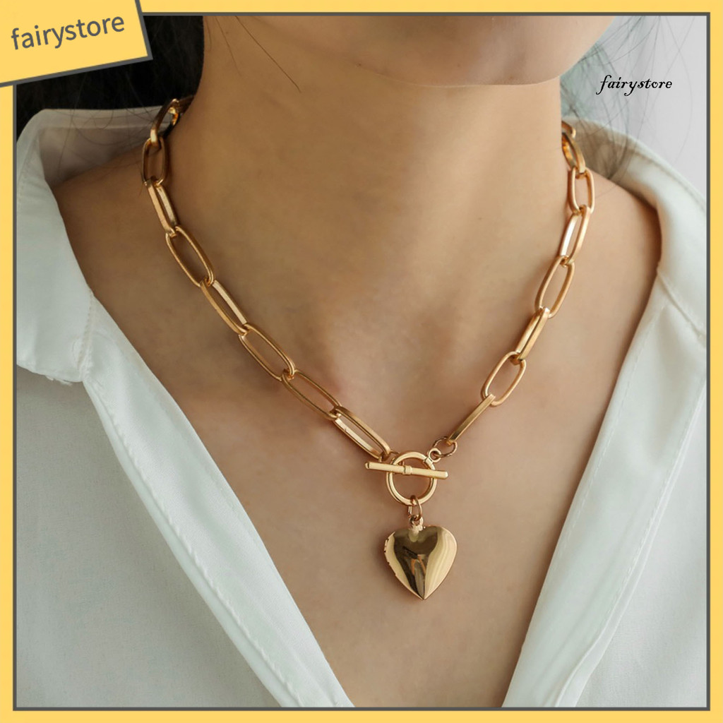 FYS _ Vòng Cổ Nữ Dây Xích Rỗng Mặt Dây Chuyền Trái Tim Đánh Bóng Màu Nguyên Chất Phóng Đại Nhẹ Choker Câu Lạc Bộ Đảng Cổ Trang Sức